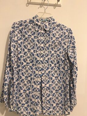 White Button-Up Shirt with Blue Floral Print